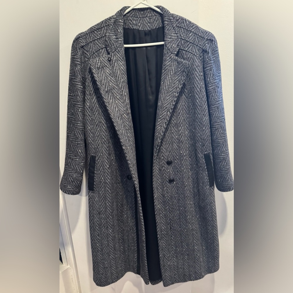 Vintage Union Made Sanders & Gold Wool Long Trench gray herringbone mod glam L